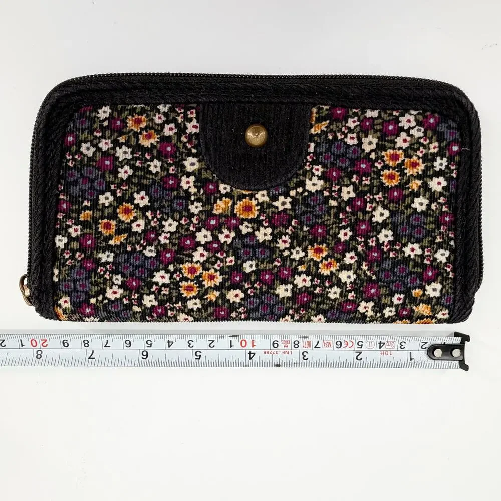 LEI Floral Zip Around Wallet Clutch Black Corduroy Organizer Boho Cottagecore